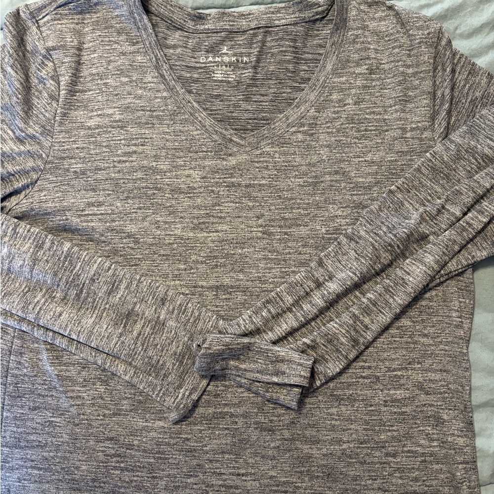 Danskin Heathered Gray-black V-Neck Long Sleeve Tee